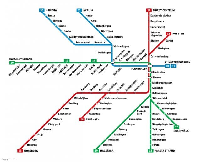 Kaart van de metrostations in Stockholm
